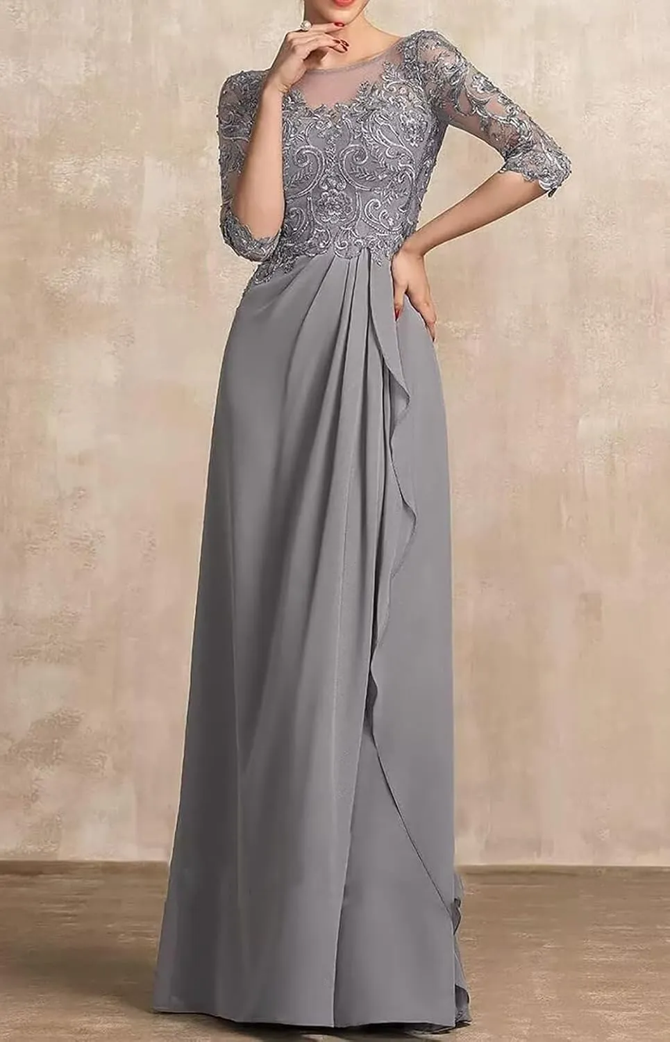 Appliques Mother of The Bride Dresses for Women Ruffles Chiffon Formal Dress with Sleevess Evening Gown