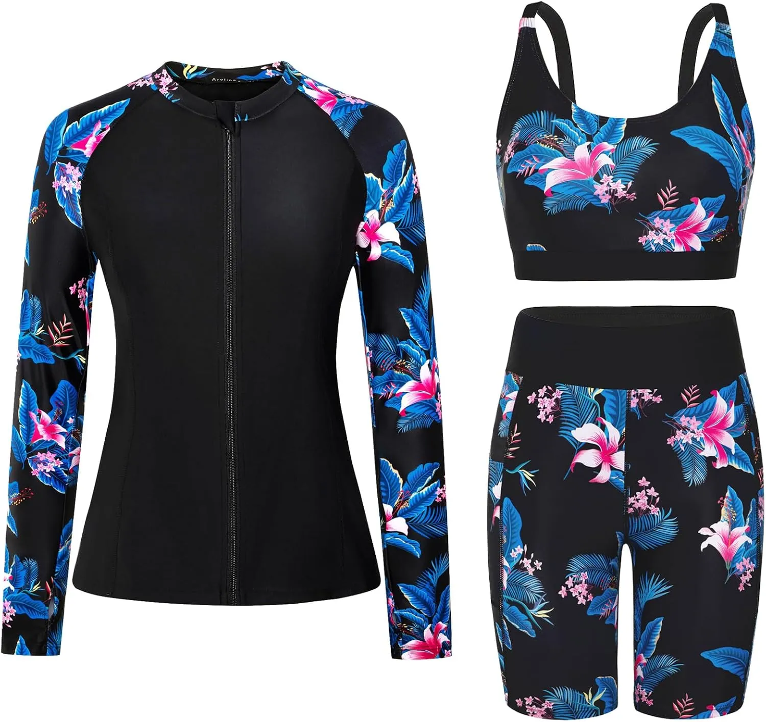 Arolina Womens Rash Guard Long Sleeve Swim Shirts Swimsuit 2025 Bathing Suit with Womens Swim Shorts & Two Pockets