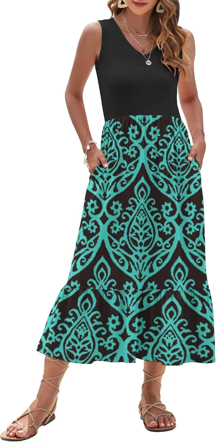 AUSELILY Womens Maxi Dress 2025 Sleeveless Summer Dresses V Neck Casual Tiered Sundresses with Pockets