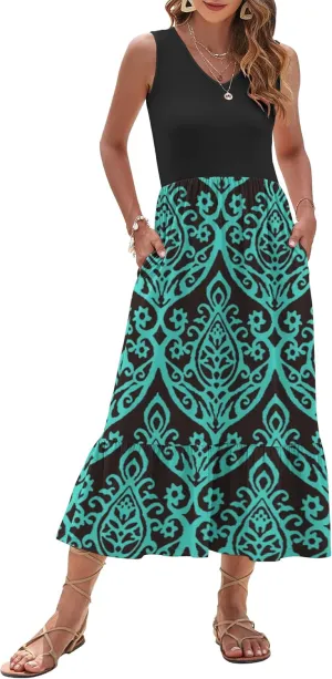 AUSELILY Womens Maxi Dress 2025 Sleeveless Summer Dresses V Neck Casual Tiered Sundresses with Pockets