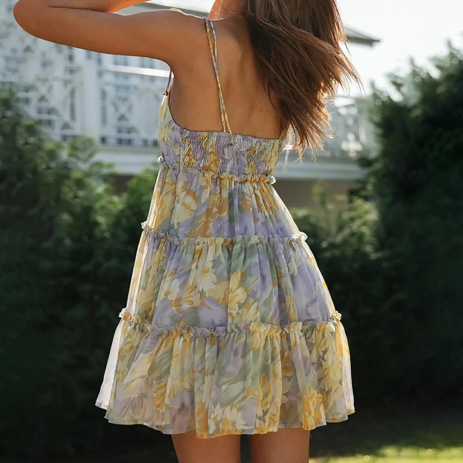 Babydoll Dress for Women Chiffon Spaghetti Strap Backless Floral Mini Dress Flowy Summer Tiered Ruffle Sundress