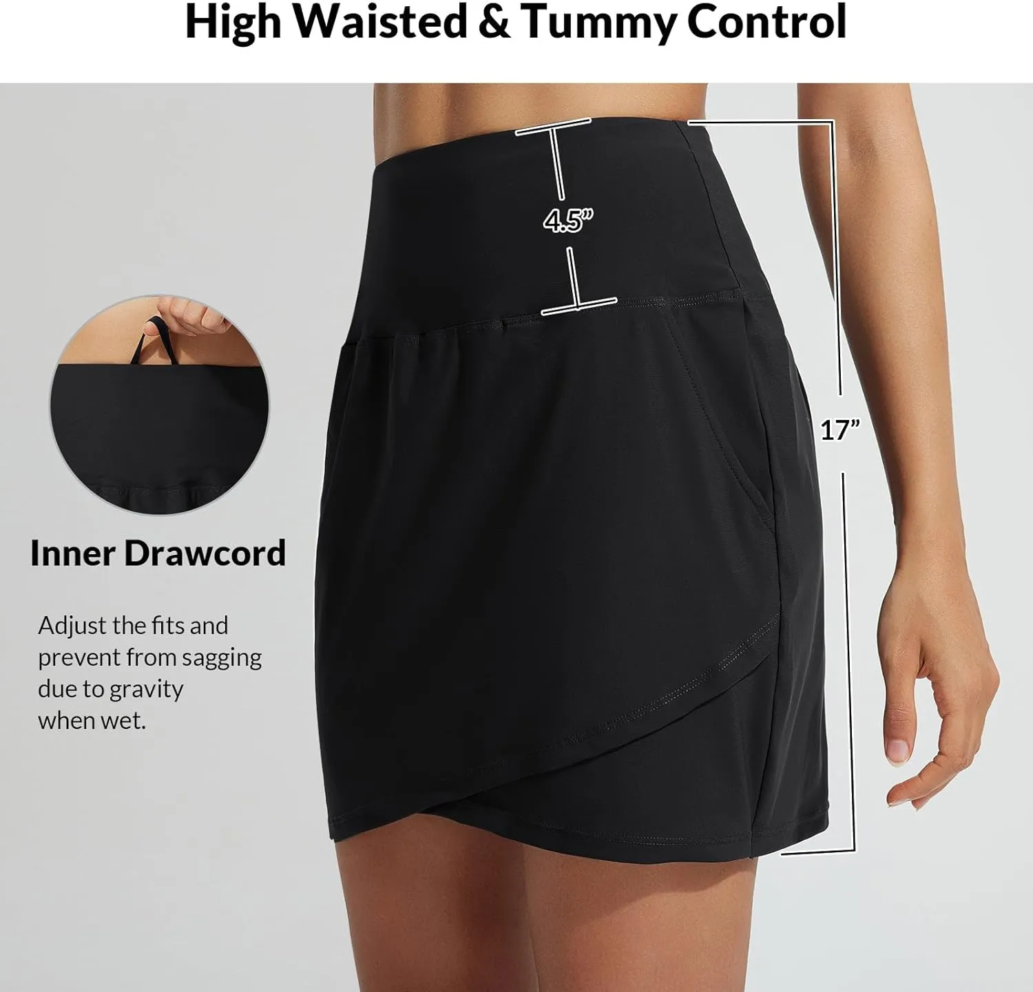 baleaf Women's 2025 17" Swim Skirt Bottoms High Waisted Modest Bathing Suit Skirt Tummy Control Swim Bottoms