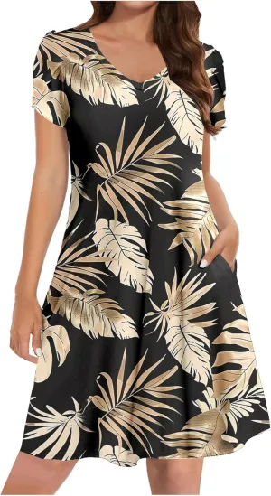 Beach Dresses for Women 2025 Vacation Short Sleeve Summer Floral Sundresses A-Line Swimsuit Coverup with Pockets