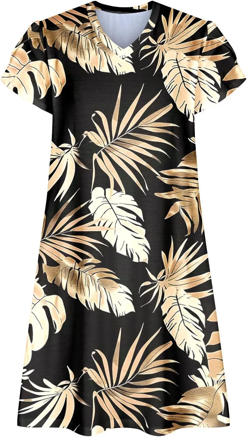 Beach Dresses for Women 2025 Vacation Short Sleeve Summer Floral Sundresses A-Line Swimsuit Coverup with Pockets