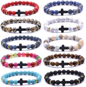 Beaded Bracelets Cross Bracelet for Women Men Lava Rock Turquoise Tiger Eye Natural Bracelet Anxiety Healing