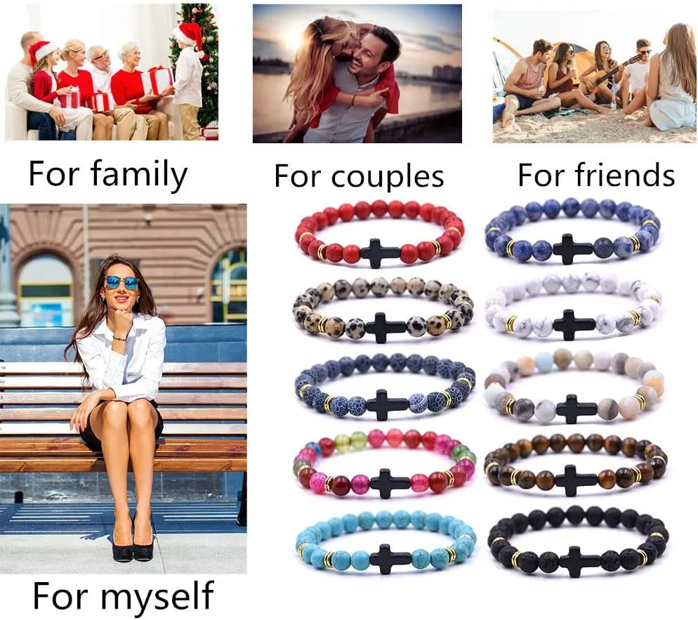 Beaded Bracelets Cross Bracelet for Women Men Lava Rock Turquoise Tiger Eye Natural Bracelet Anxiety Healing