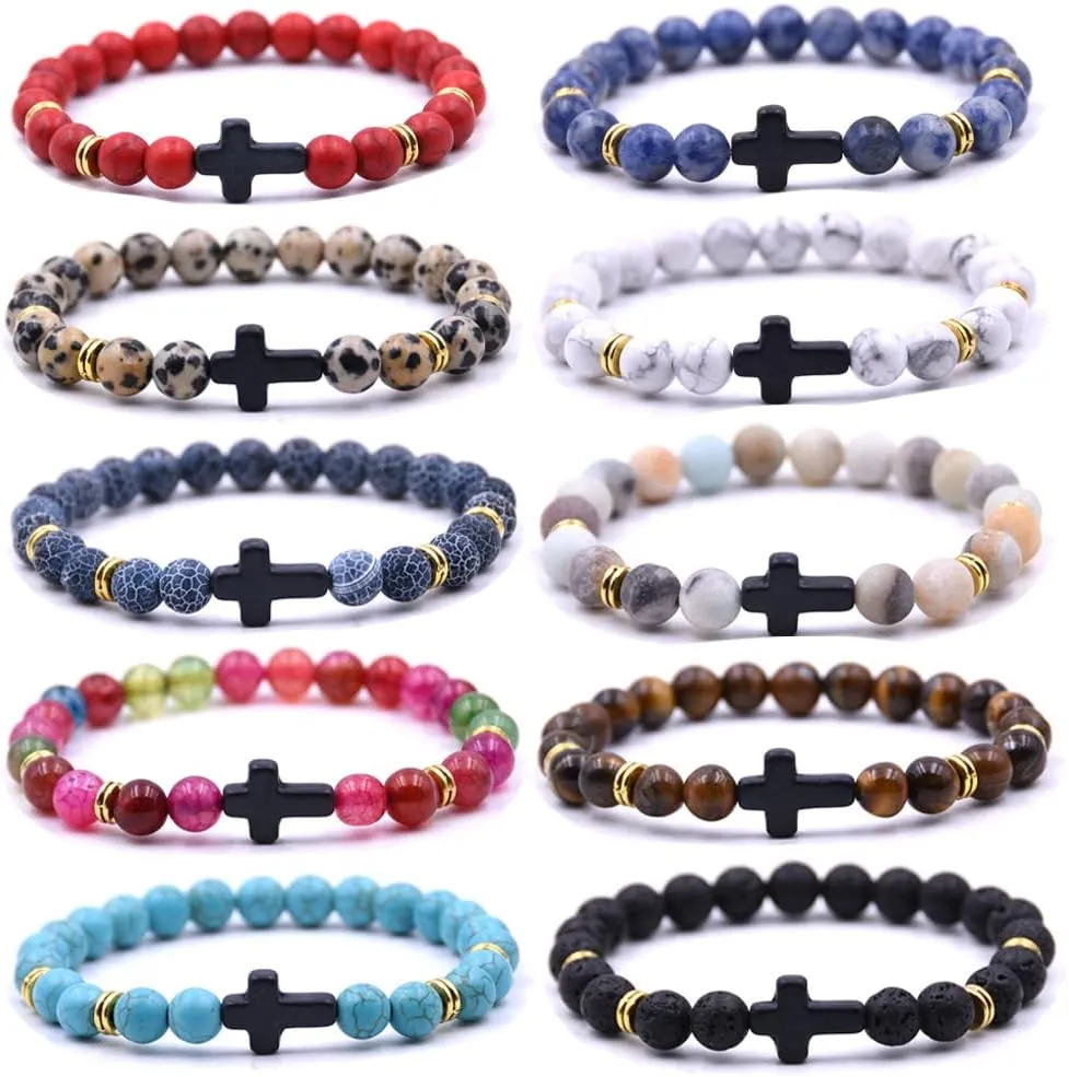 Beaded Bracelets Cross Bracelet for Women Men Lava Rock Turquoise Tiger Eye Natural Bracelet Anxiety Healing