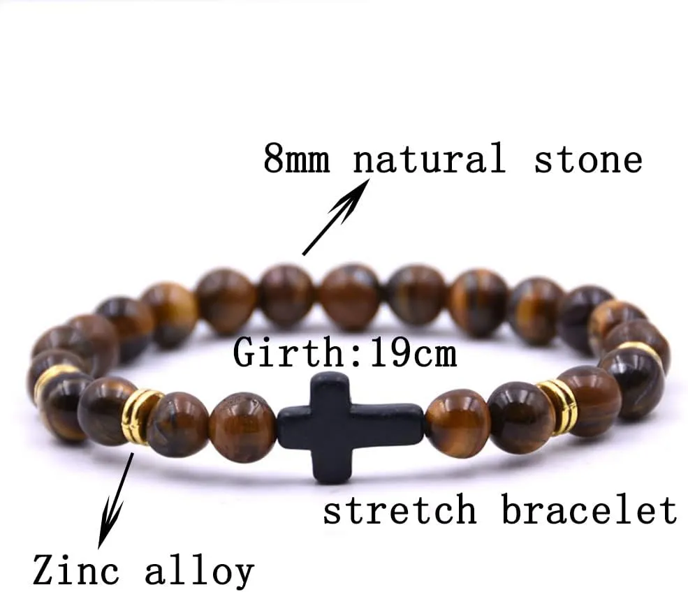 Beaded Bracelets Cross Bracelet for Women Men Lava Rock Turquoise Tiger Eye Natural Bracelet Anxiety Healing