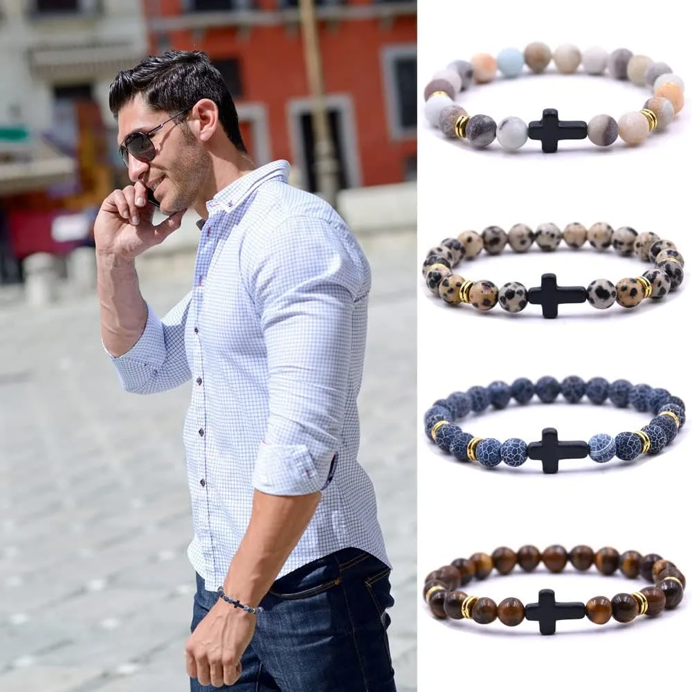 Beaded Bracelets Cross Bracelet for Women Men Lava Rock Turquoise Tiger Eye Natural Bracelet Anxiety Healing