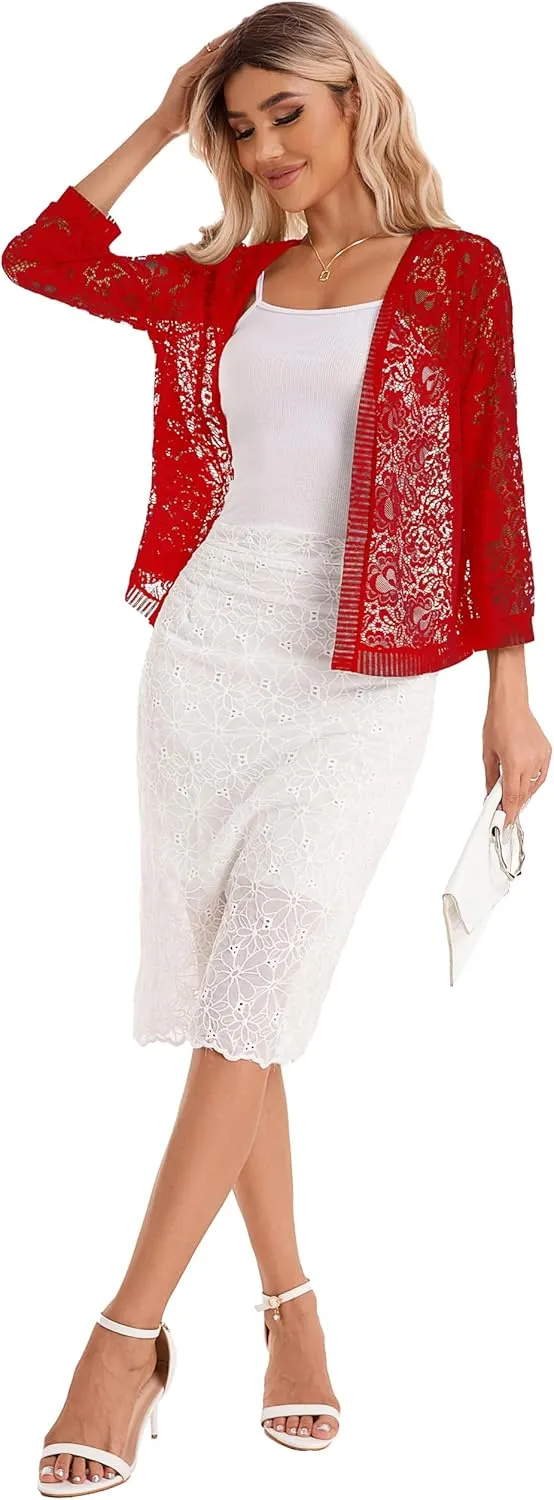 BENANCY Women's Lace Cardigans 3/4 Sleeve Open Front Cover Up Jacket