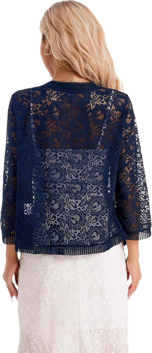 BENANCY Women's Lace Cardigans 3/4 Sleeve Open Front Cover Up Jacket
