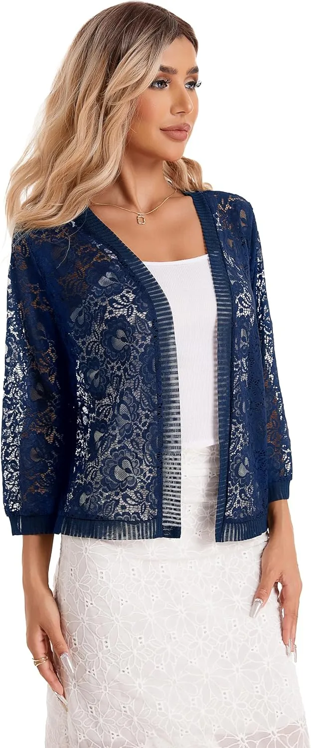 BENANCY Women's Lace Cardigans 3/4 Sleeve Open Front Cover Up Jacket