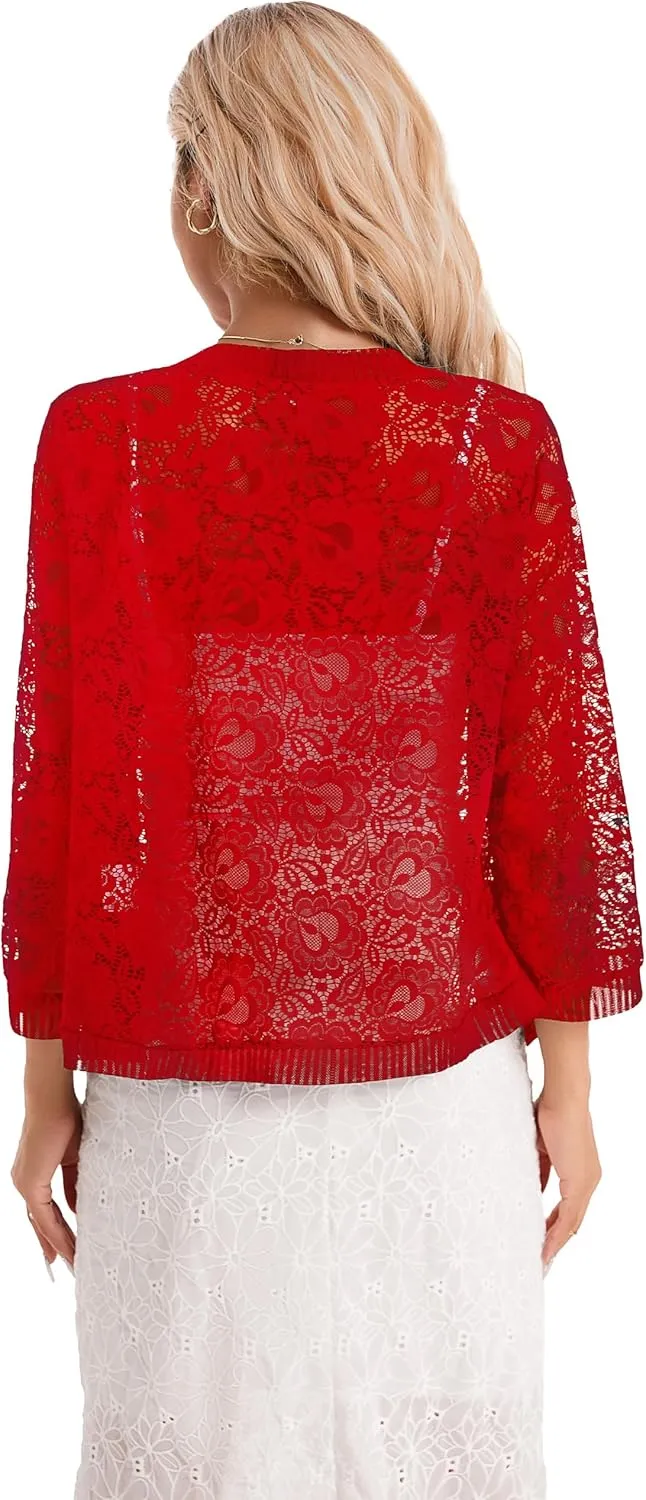 BENANCY Women's Lace Cardigans 3/4 Sleeve Open Front Cover Up Jacket