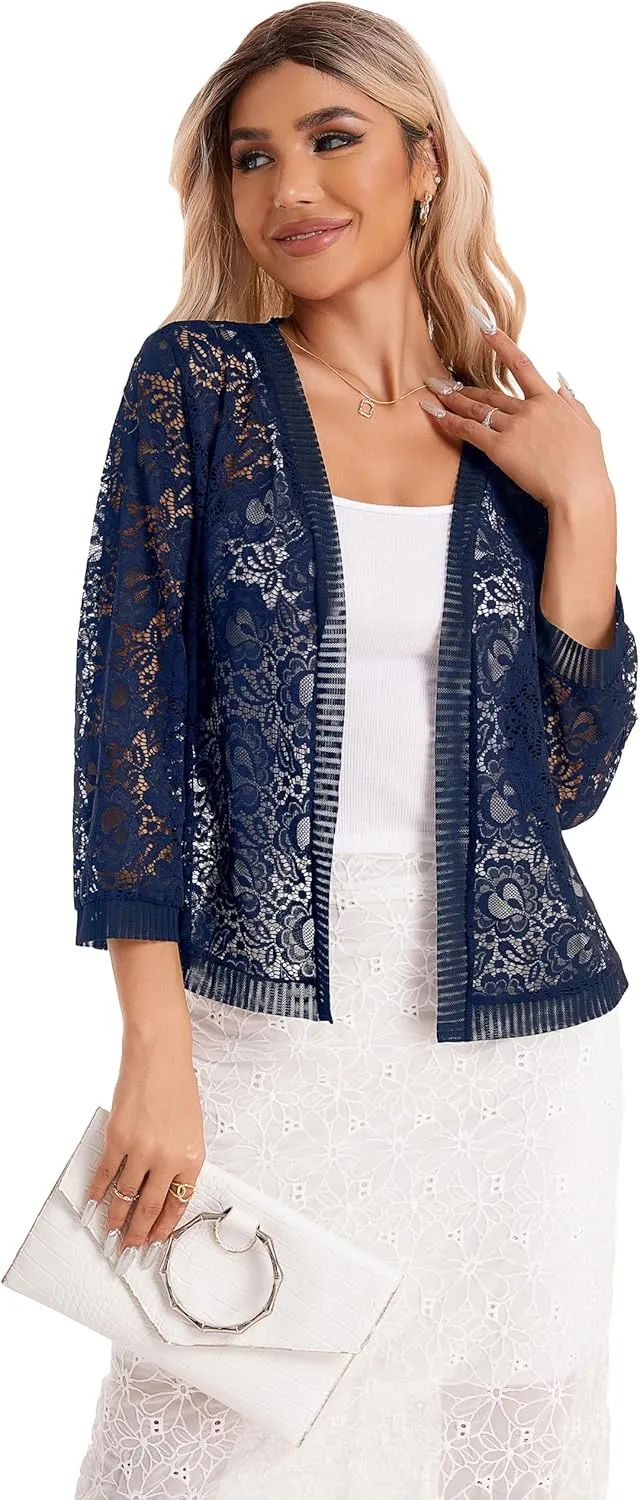 BENANCY Women's Lace Cardigans 3/4 Sleeve Open Front Cover Up Jacket