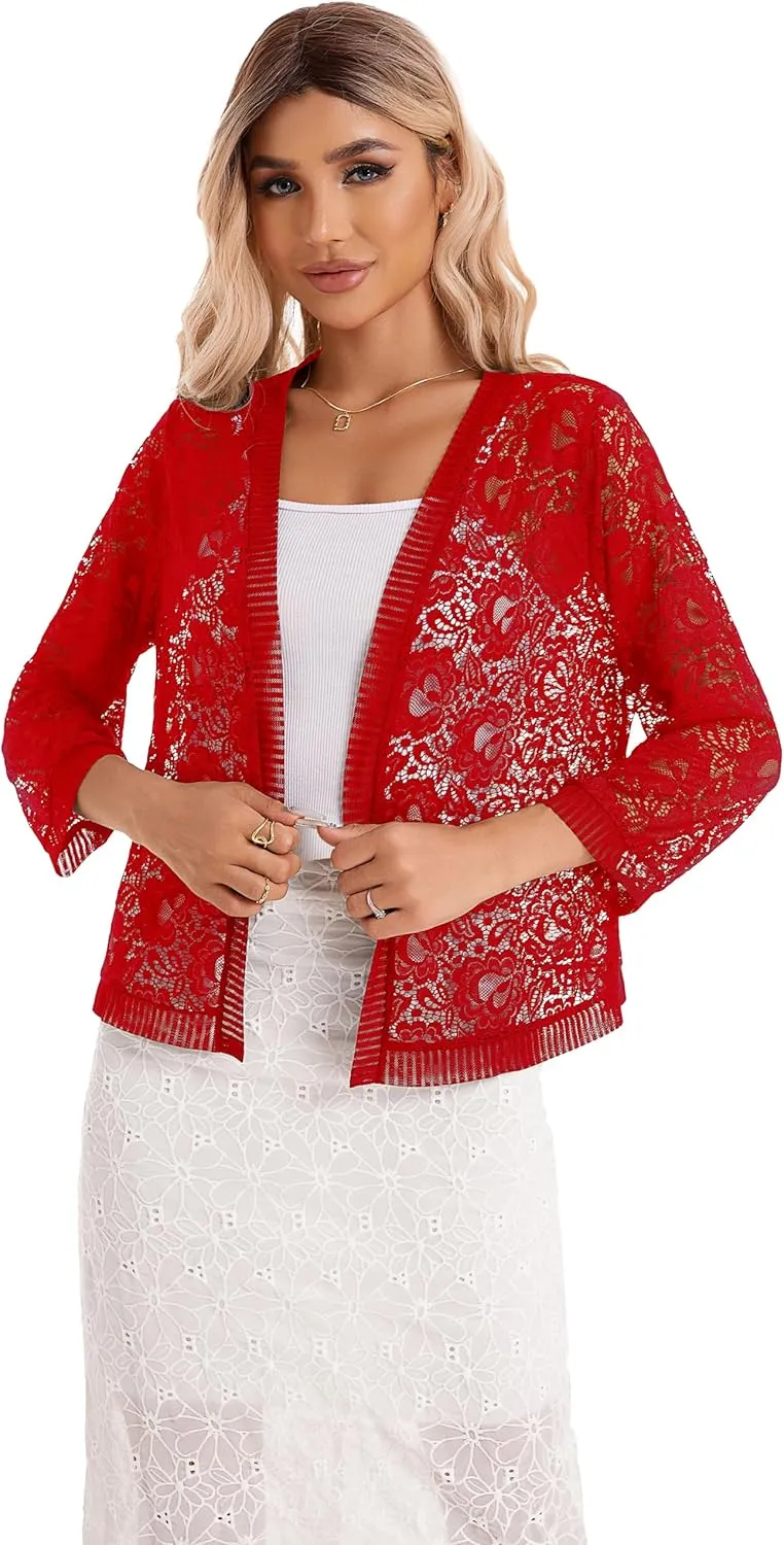BENANCY Women's Lace Cardigans 3/4 Sleeve Open Front Cover Up Jacket