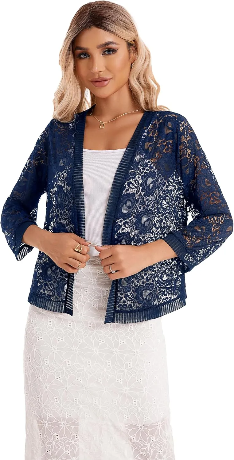 BENANCY Women's Lace Cardigans 3/4 Sleeve Open Front Cover Up Jacket