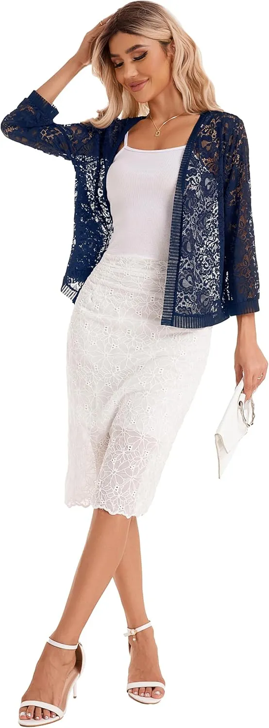 BENANCY Women's Lace Cardigans 3/4 Sleeve Open Front Cover Up Jacket