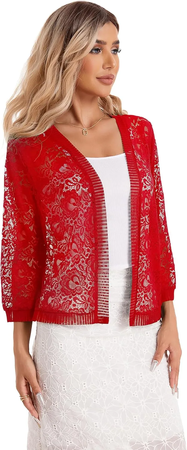BENANCY Women's Lace Cardigans 3/4 Sleeve Open Front Cover Up Jacket