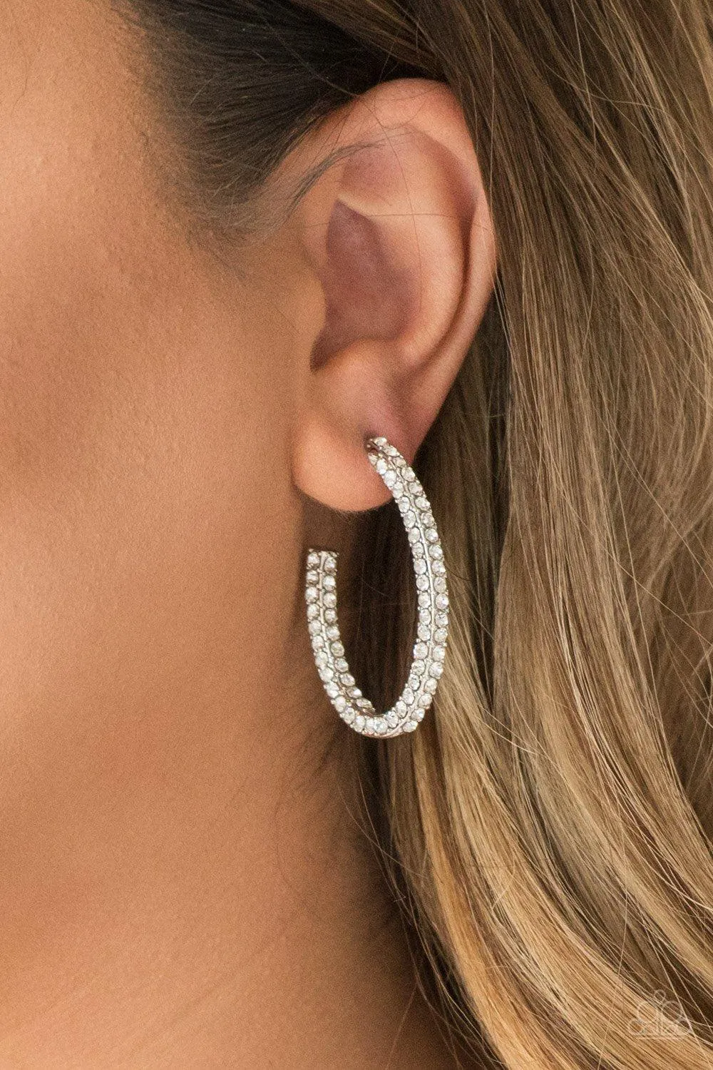 Big Winner White Rhinestone Hoop Earrings - Paparazzi Accessories