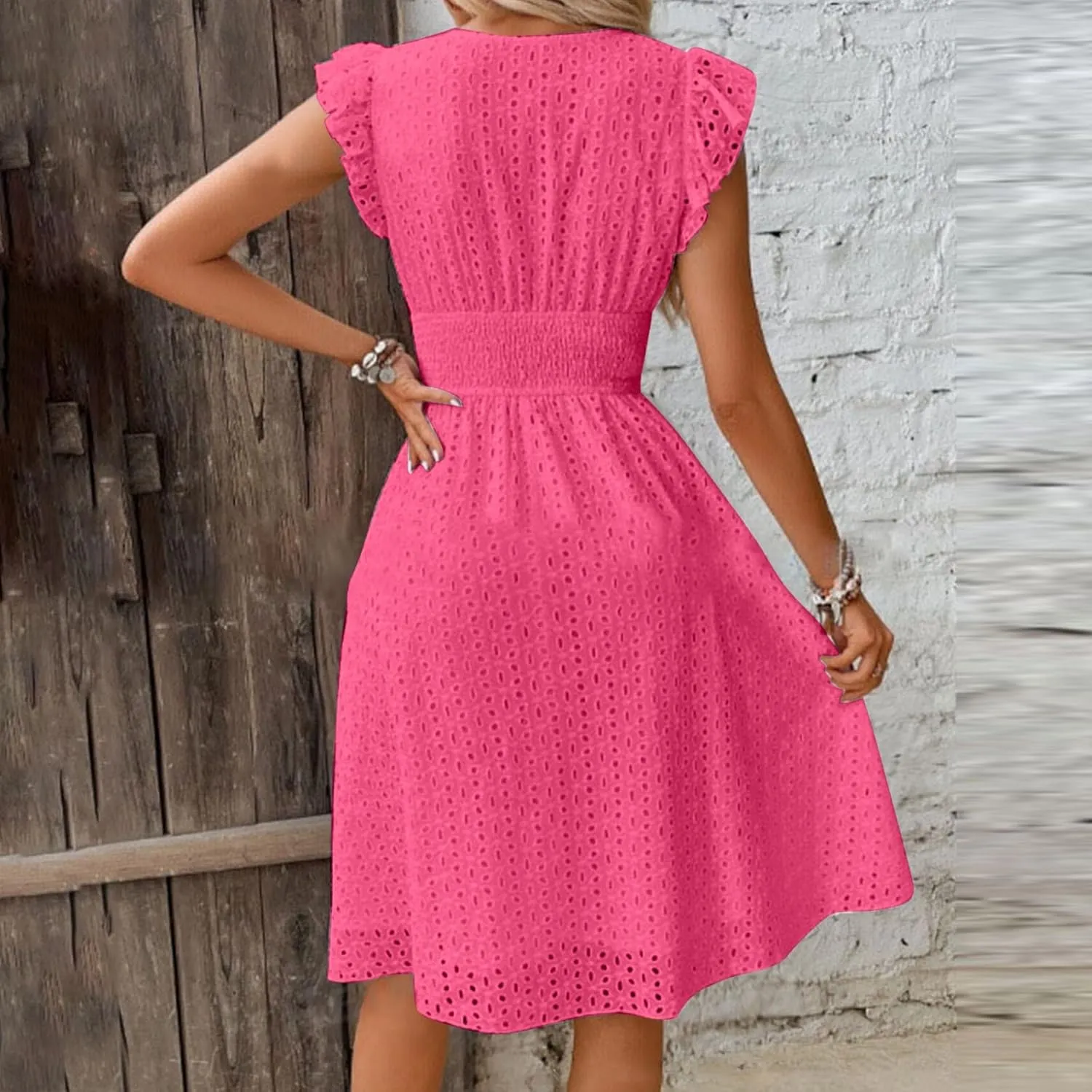 Binmer Women Summer Casual Sleeveless Dress Elastic Smocked Waist Wrap V Neck Sundress Hollow Out Eyelet Swing Beach Dresses