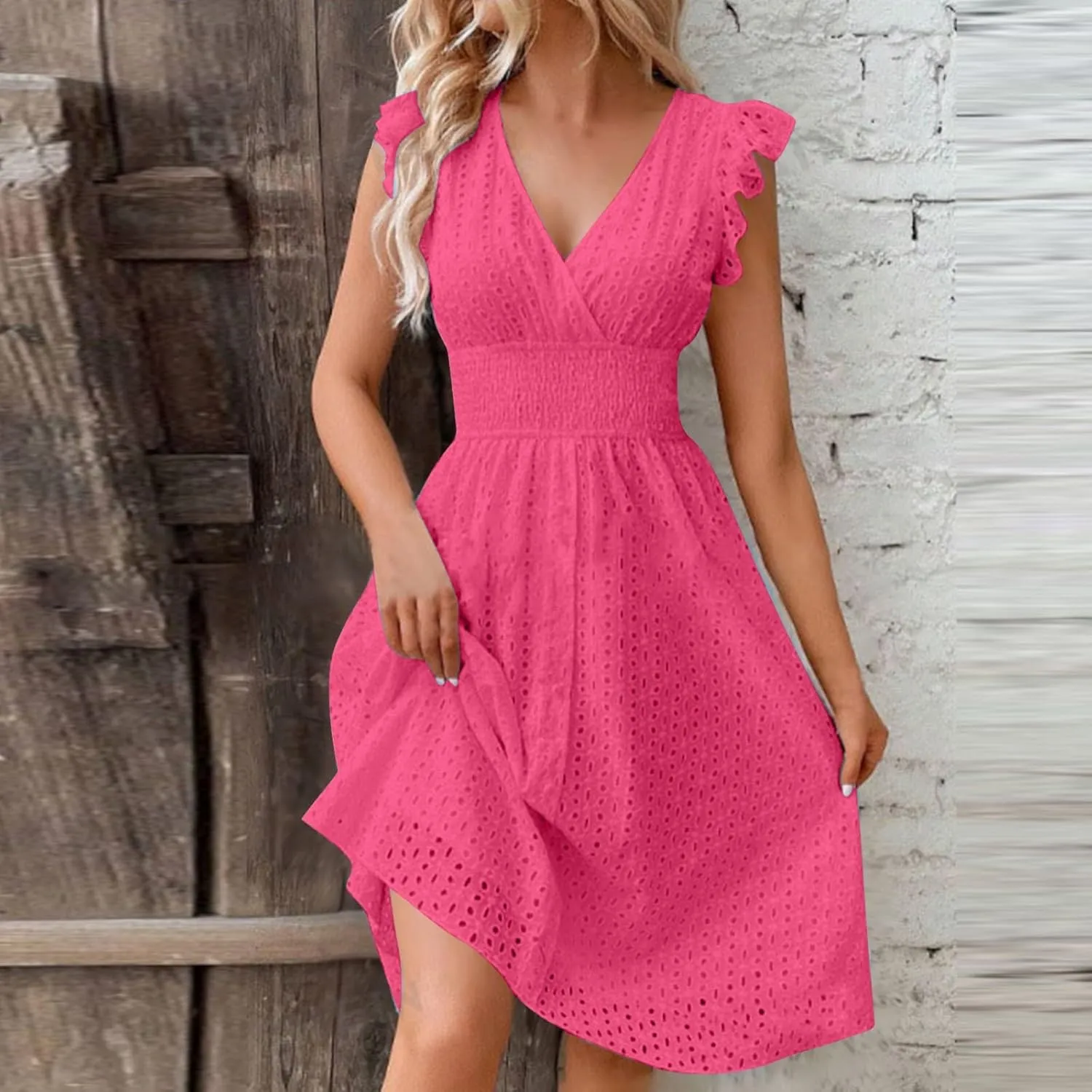 Binmer Women Summer Casual Sleeveless Dress Elastic Smocked Waist Wrap V Neck Sundress Hollow Out Eyelet Swing Beach Dresses