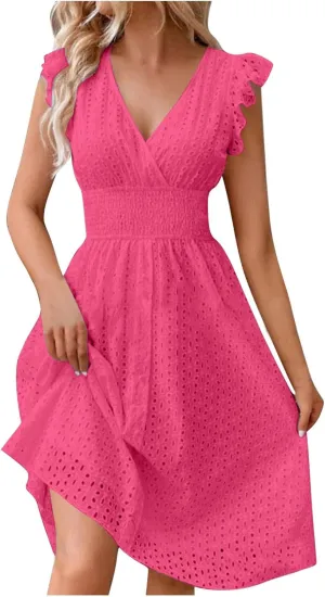 Binmer Women Summer Casual Sleeveless Dress Elastic Smocked Waist Wrap V Neck Sundress Hollow Out Eyelet Swing Beach Dresses