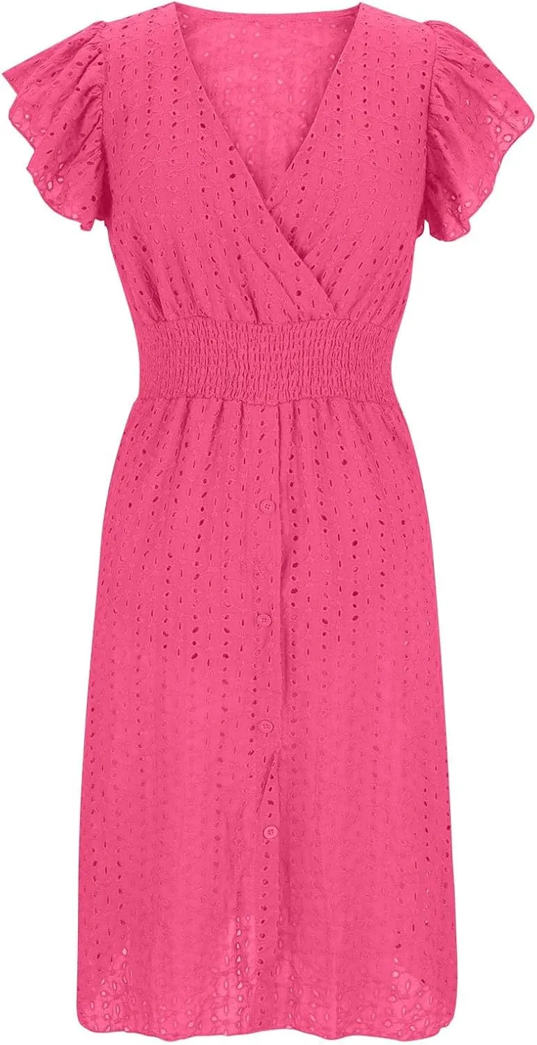 Binmer Women Summer Casual Sleeveless Dress Elastic Smocked Waist Wrap V Neck Sundress Hollow Out Eyelet Swing Beach Dresses