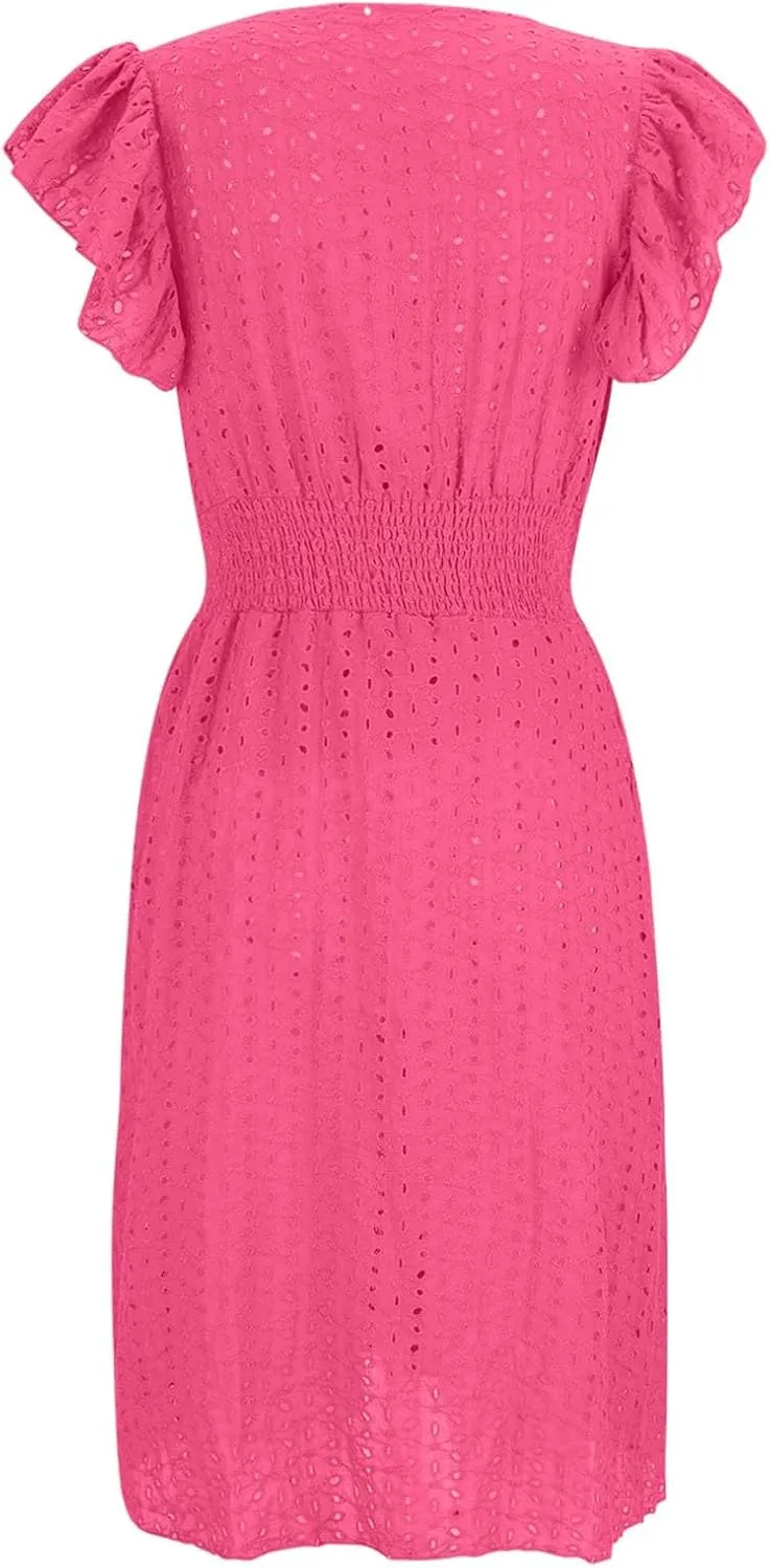 Binmer Women Summer Casual Sleeveless Dress Elastic Smocked Waist Wrap V Neck Sundress Hollow Out Eyelet Swing Beach Dresses