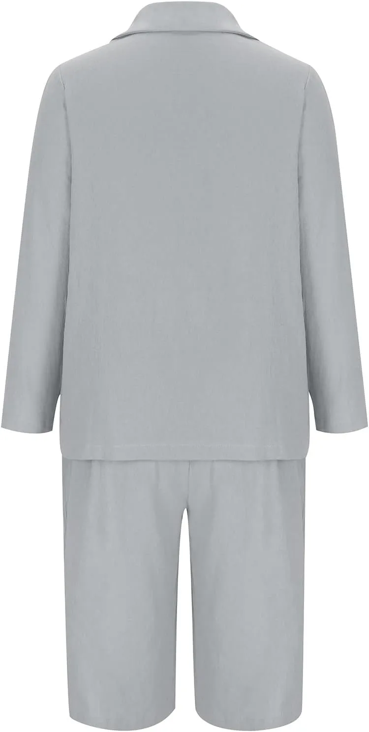 Blazer Sets for Women 2 Piece Outfits Open Front Button Up Jacket and Bermuda Shorts Suits Work Office Casual Sets