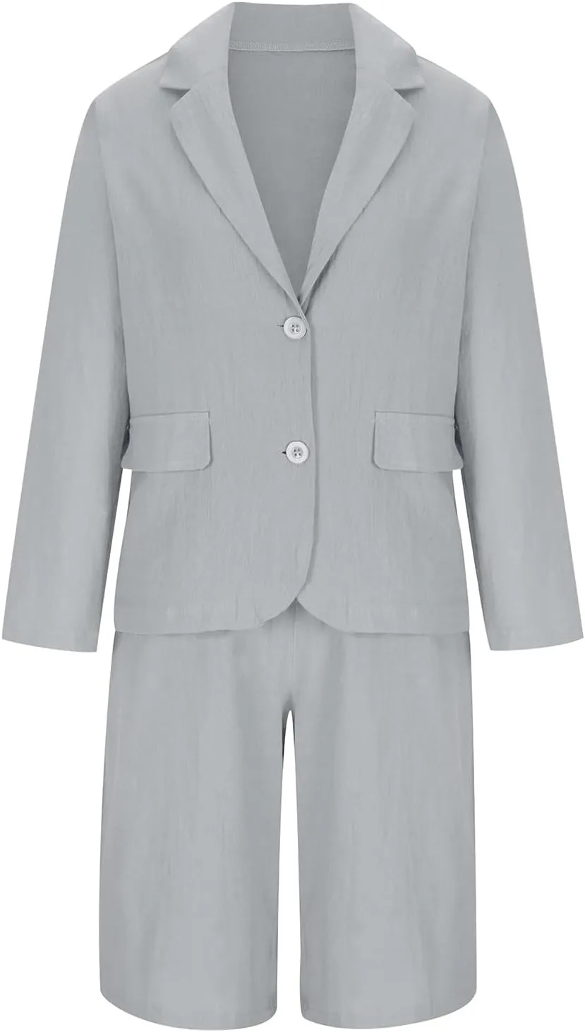 Blazer Sets for Women 2 Piece Outfits Open Front Button Up Jacket and Bermuda Shorts Suits Work Office Casual Sets