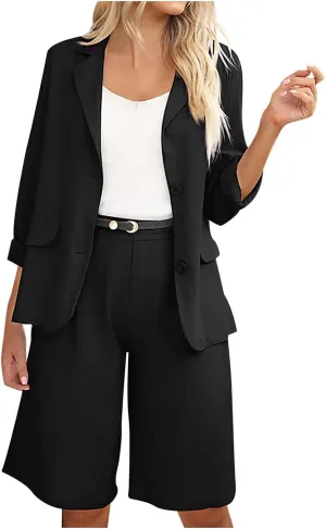 Blazer Sets for Women 2 Piece Outfits Open Front Button Up Jacket and Bermuda Shorts Suits Work Office Casual Sets