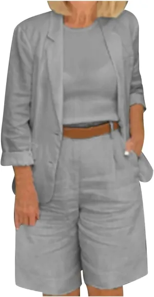 Blazer Sets for Women 2 Piece Outfits Open Front Button Up Jacket and Bermuda Shorts Suits Work Office Casual Sets