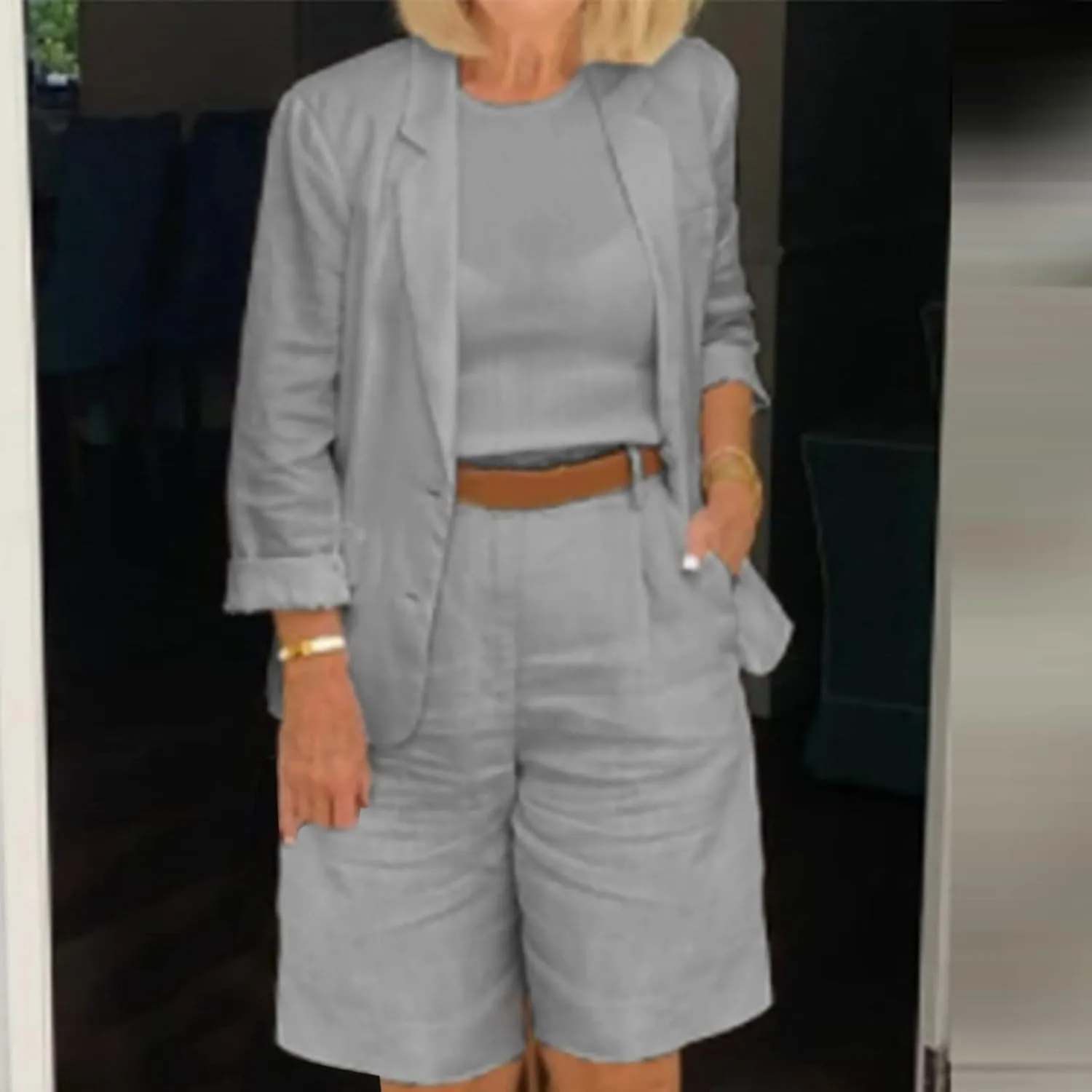 Blazer Sets for Women 2 Piece Outfits Open Front Button Up Jacket and Bermuda Shorts Suits Work Office Casual Sets