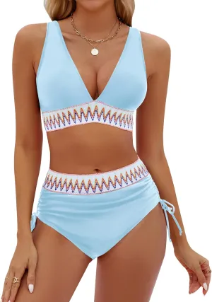 Blooming Jelly Womens High Waisted Bikini Sets Color Block Tummy Control Swimsuits Drawstring Two Piece Bathing Suit
