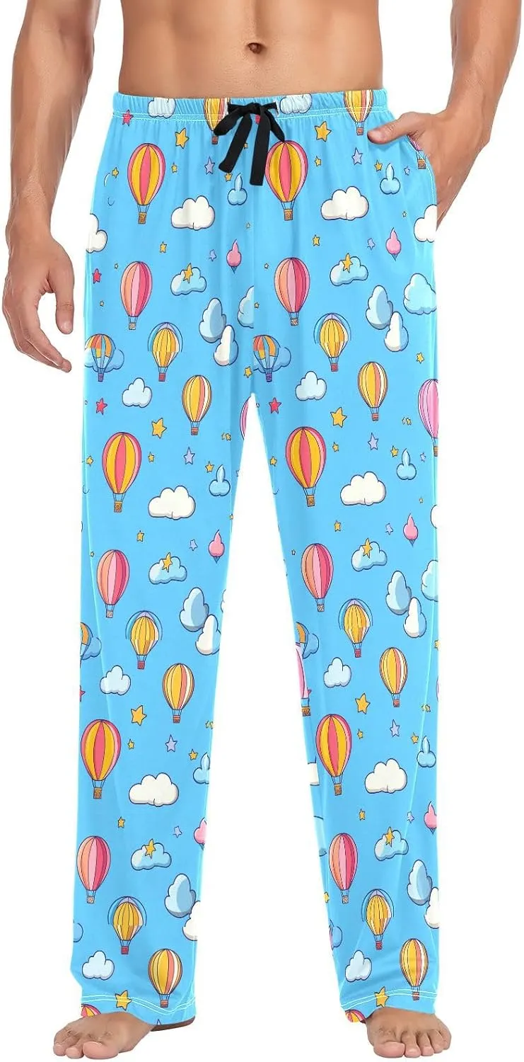 Blue Sky Hot Air Balloon Mens Cotton Pajama Bottoms Mens Pj Pants Lightweight with pockets for Winter Comfy Medium