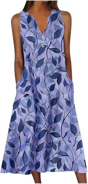 Boho Dresses for Women 2025 Bohemian Floral Print Sleeveless Crewneck Flowy Sun Dress Summer Beach Dress with Pockets