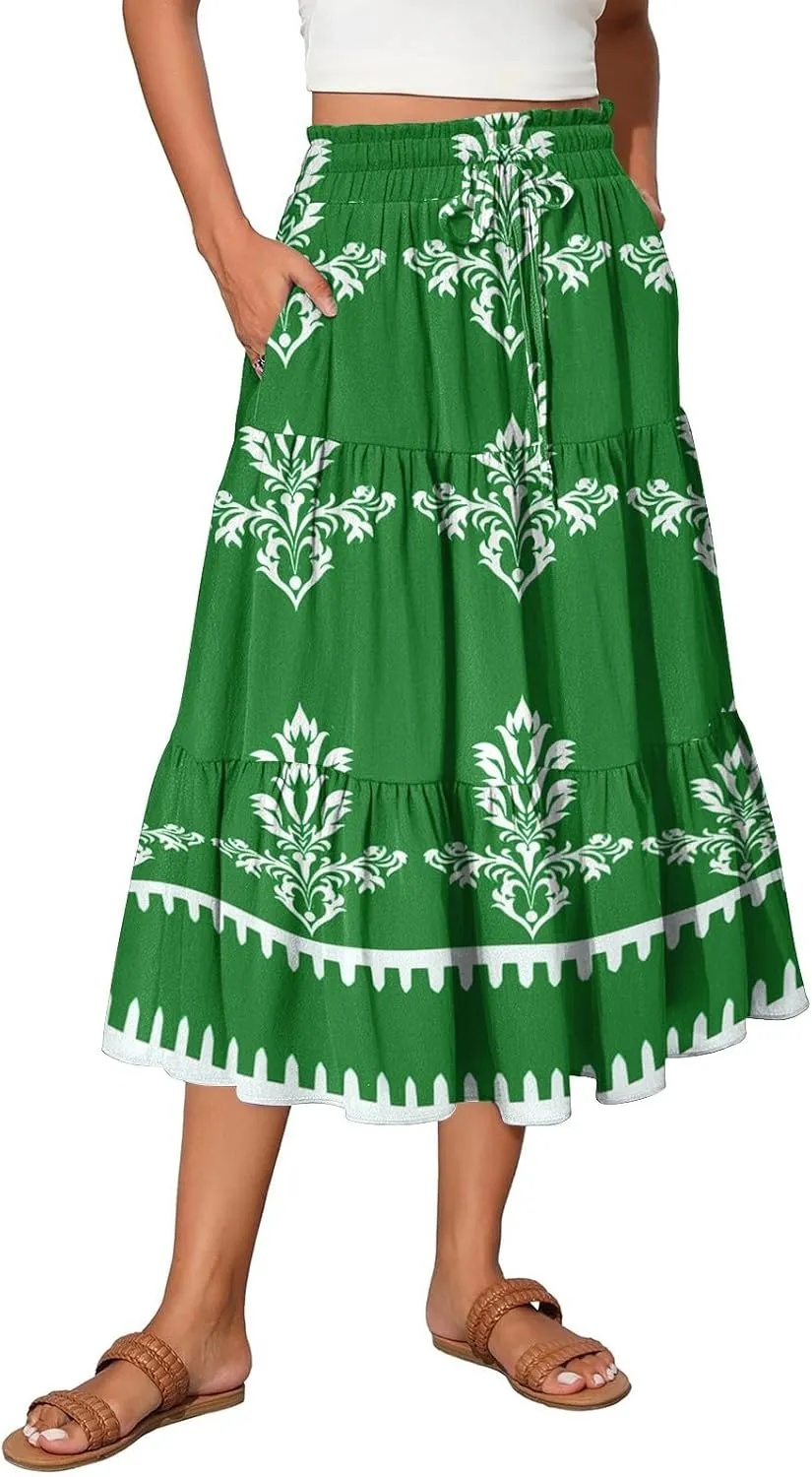 Boho Dresses for Women 2025 Loose Casual Trendy Floral Print Elastic Waist Lightweight Hawaiian Maxi Skirts, S-2XL