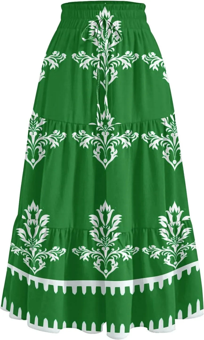 Boho Dresses for Women 2025 Loose Casual Trendy Floral Print Elastic Waist Lightweight Hawaiian Maxi Skirts, S-2XL