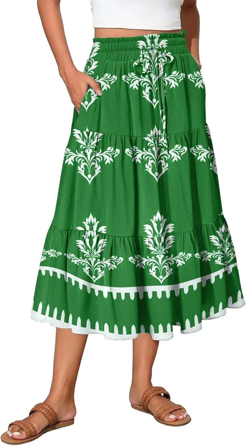 Boho Dresses for Women 2025 Loose Casual Trendy Floral Print Elastic Waist Lightweight Hawaiian Maxi Skirts, S-2XL