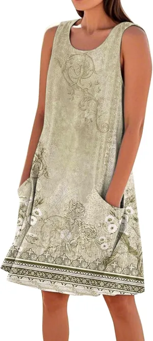 Boho Summer Dresses for Women 2025 Plus Size Casual Loose Sleeveless Sundresses Tank Dresses with Pockets