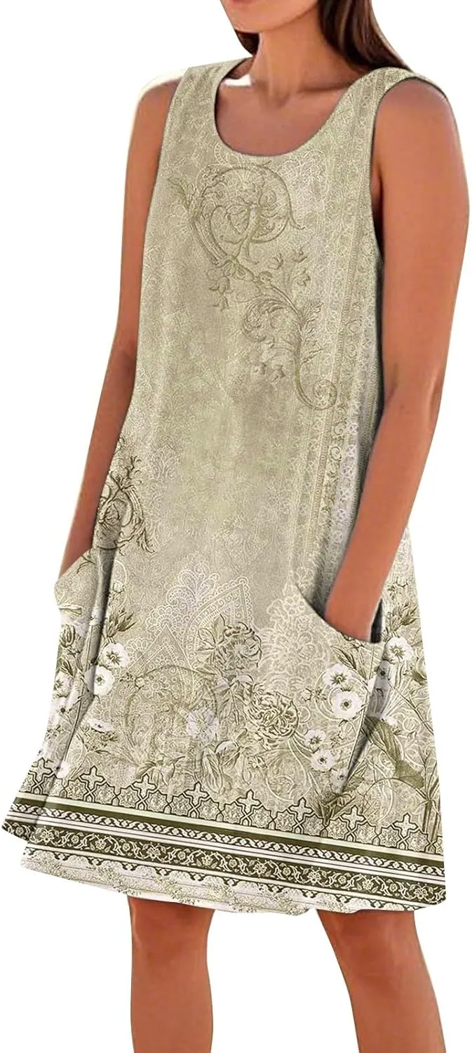 Boho Summer Dresses for Women 2025 Plus Size Casual Loose Sleeveless Sundresses Tank Dresses with Pockets