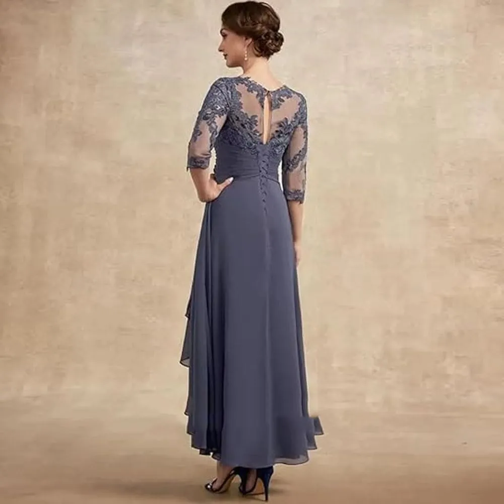 Bride Dresses for Wedding 3/4 Sleeves Formal Dress Chiffon Evening Gown Applique Lace Up