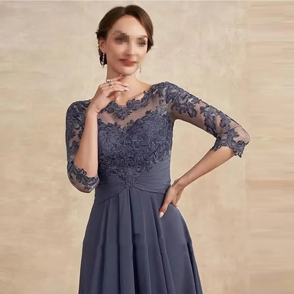 Bride Dresses for Wedding 3/4 Sleeves Formal Dress Chiffon Evening Gown Applique Lace Up