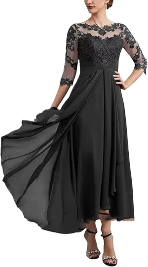 Bride Dresses for Wedding 3/4 Sleeves Formal Dress Chiffon Evening Gown Applique Lace Up