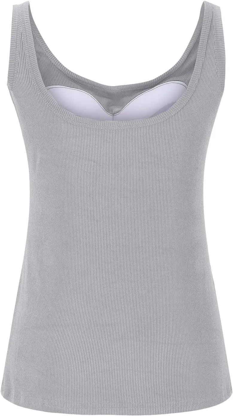 Built in Bra Tank Tops for Women 2024 Summer Casual Ribbed Knit Camisole U Neck Sleeveless Padded Workout Tops