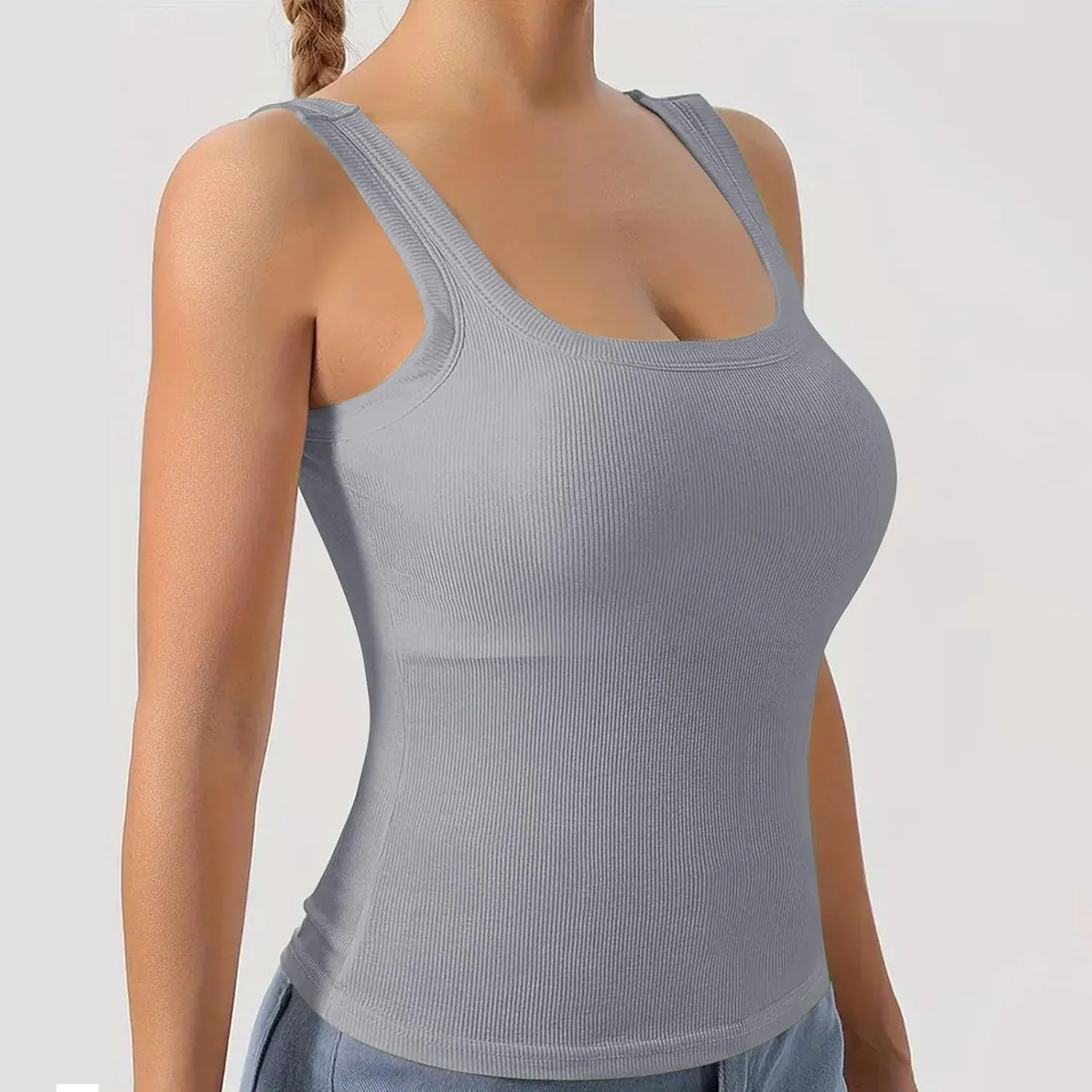 Built in Bra Tank Tops for Women 2024 Summer Casual Ribbed Knit Camisole U Neck Sleeveless Padded Workout Tops