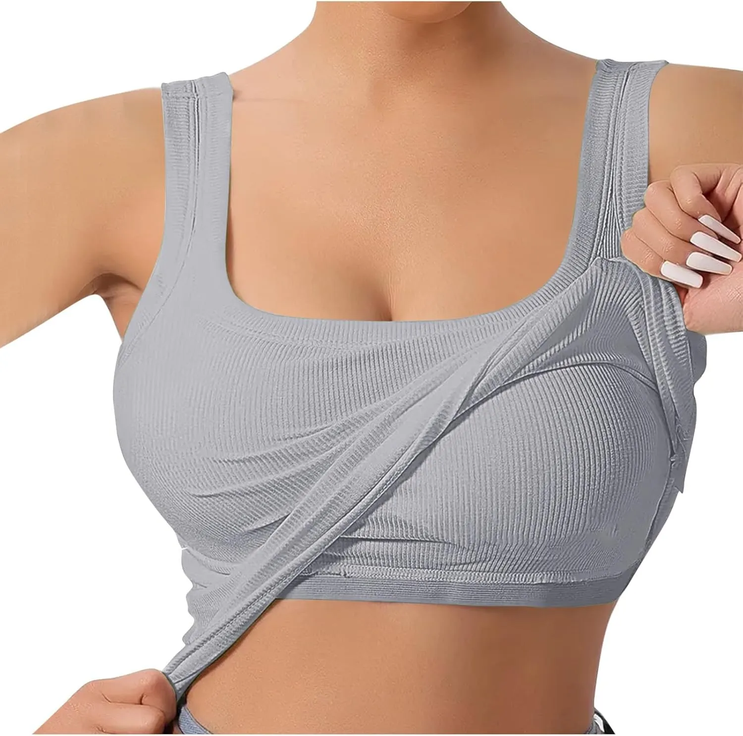 Built in Bra Tank Tops for Women 2024 Summer Casual Ribbed Knit Camisole U Neck Sleeveless Padded Workout Tops