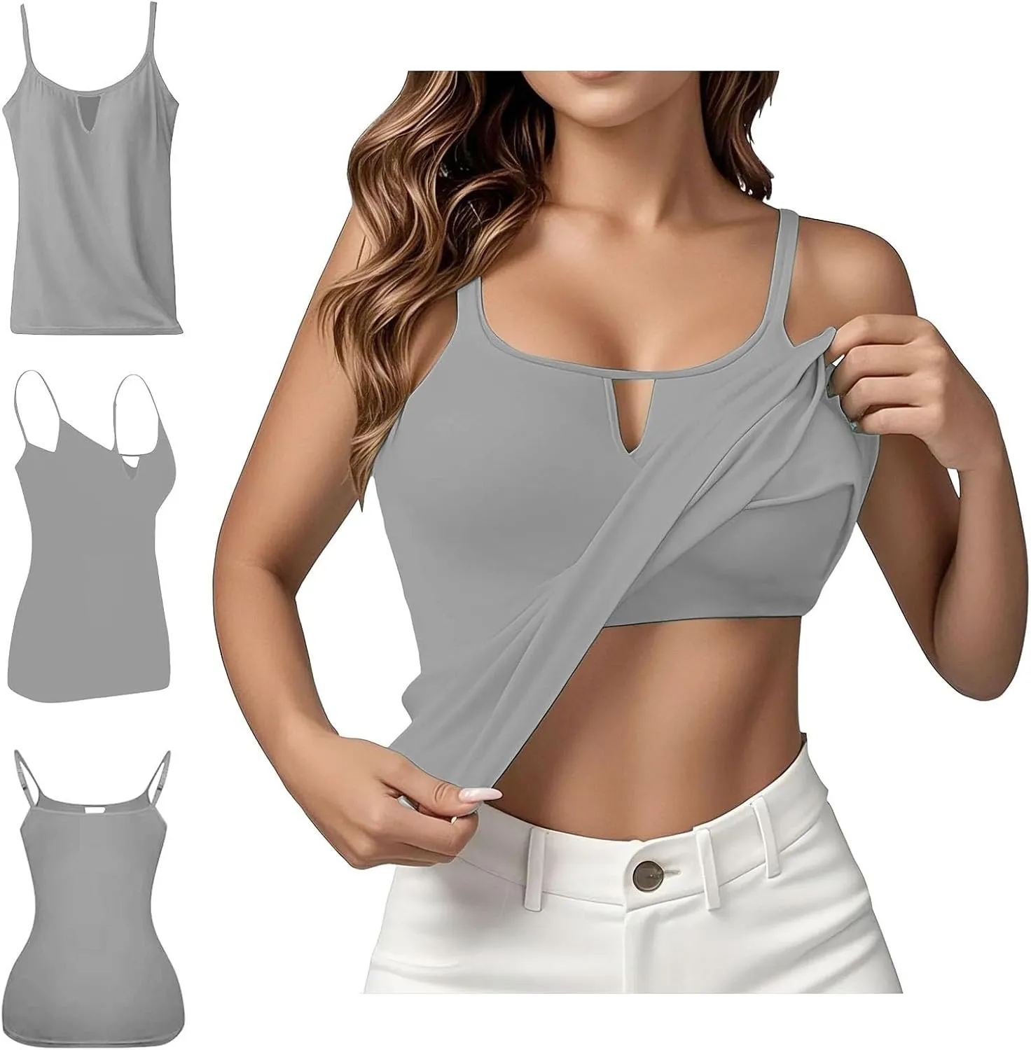 Built in Bra Tank Tops for Women Adjustable Spaghetti Strap Yoga Basic Shirts Padded Camisole Lounge Undershirts