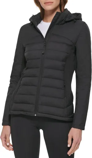 Calvin Klein Women's Lightweight Scuba Side Panels Adjustable Hood Zip Pockets Puffer