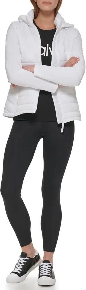 Calvin Klein Women's Lightweight Scuba Side Panels Adjustable Hood Zip Pockets Puffer